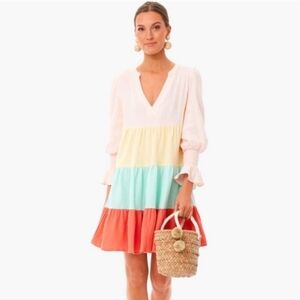 Pomander Place Multicolor Tiered Midi Dress in Pastel Pink, Yellow, Aqua & Coral